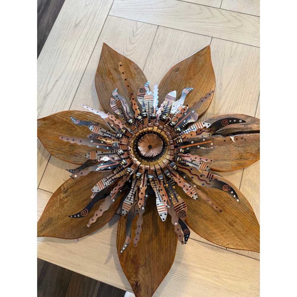 Large 21" Handcrafted Wood and Metal Floral Wall Sculpture Art African - Picture 8 of 8